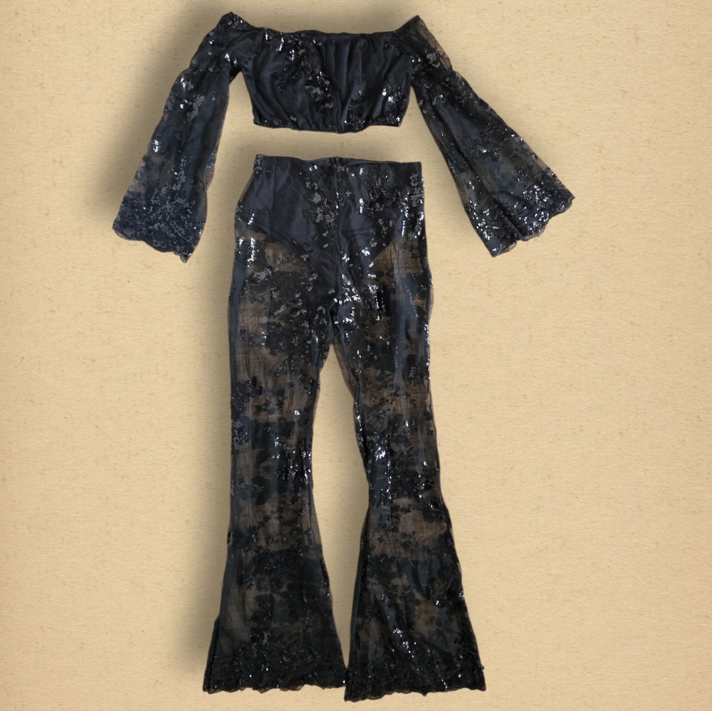 Black Sequin Off-Shoulder Top and Flare Pants Set Sheer